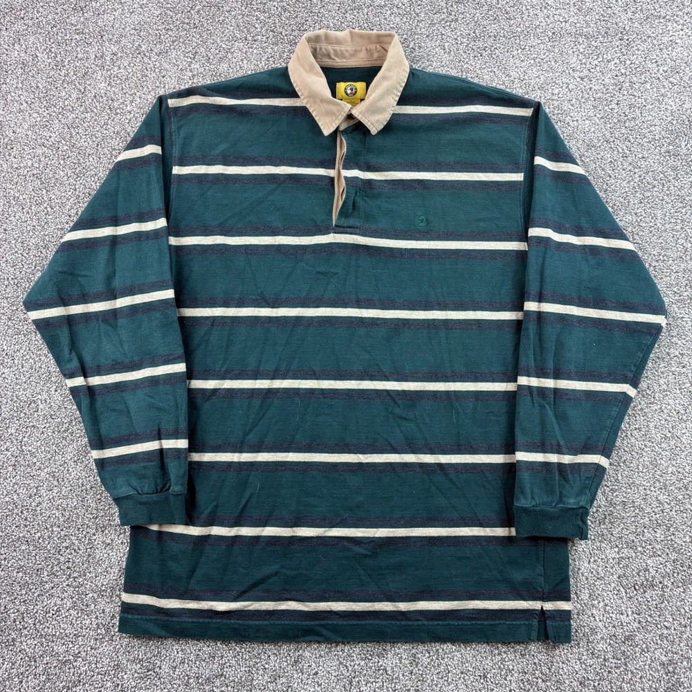 Vintage Duck Head Rugby Shirt Mens Large Green Cotton Striped Long Sleeve Polo